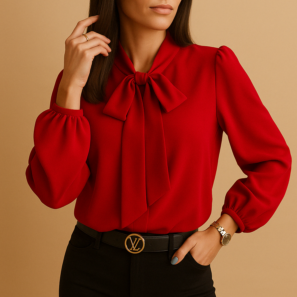 Women’s elegant blouse with classic bow detail and flowy fit, ideal for work, casual wear, and dinners