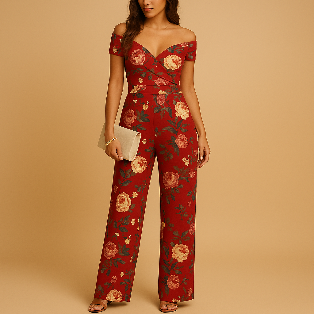 Elegant women’s off-shoulder jumpsuit with floral print in blue, navy, and red, perfect for weddings and special occasions