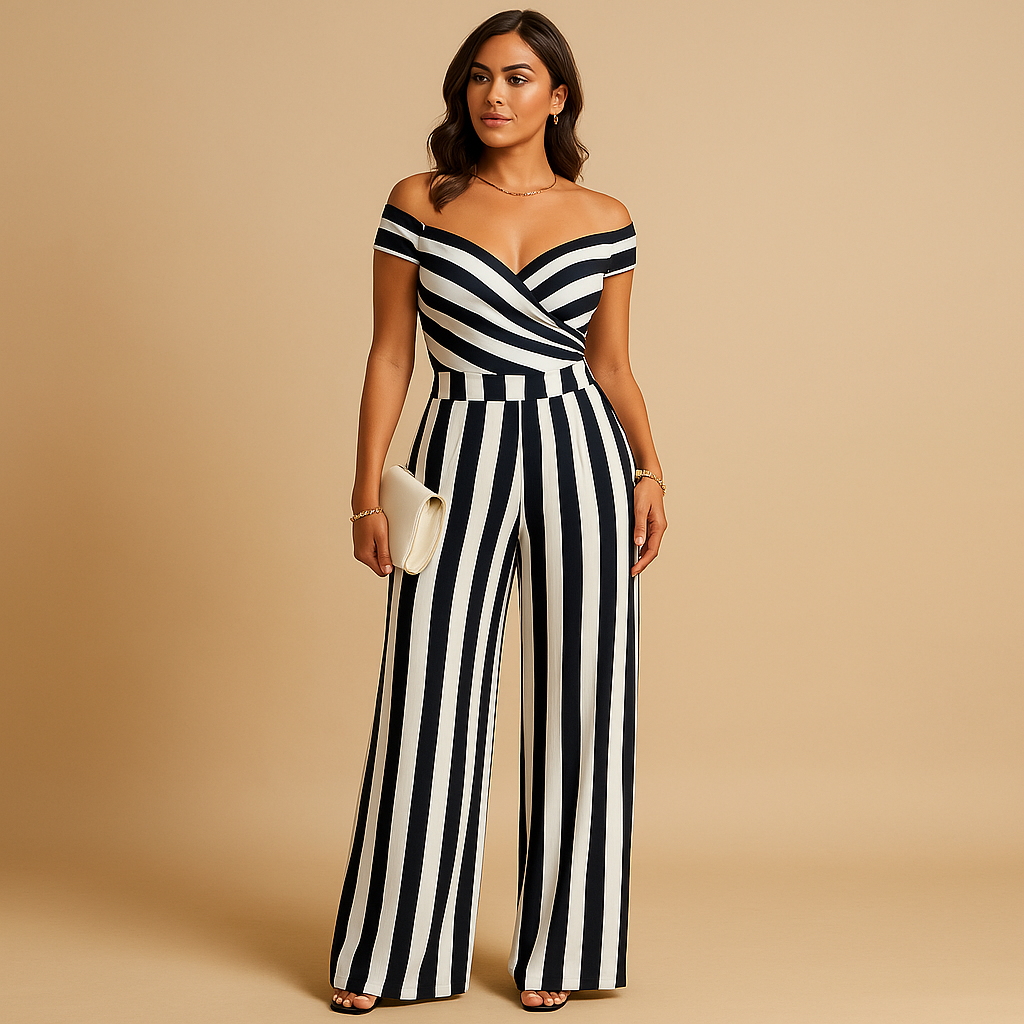 Elegant women’s off-shoulder jumpsuit with floral print in blue, navy, and red, perfect for weddings and special occasions