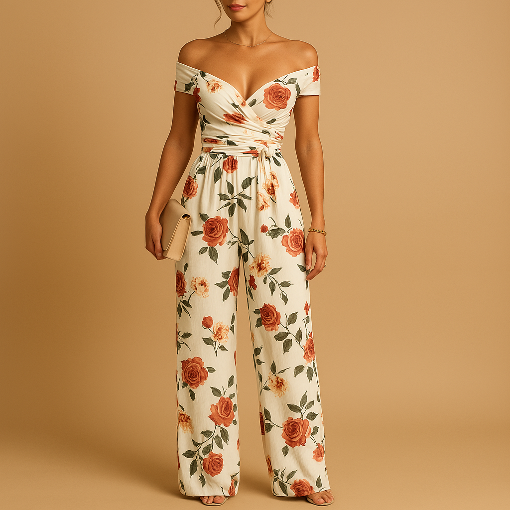 Elegant women’s off-shoulder jumpsuit with floral print in blue, navy, and red, perfect for weddings and special occasions