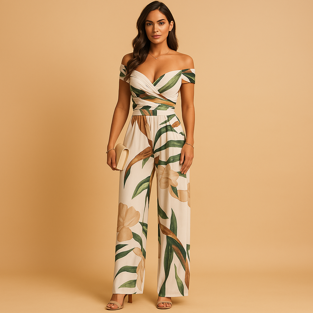 Elegant women’s off-shoulder jumpsuit with floral print in blue, navy, and red, perfect for weddings and special occasions