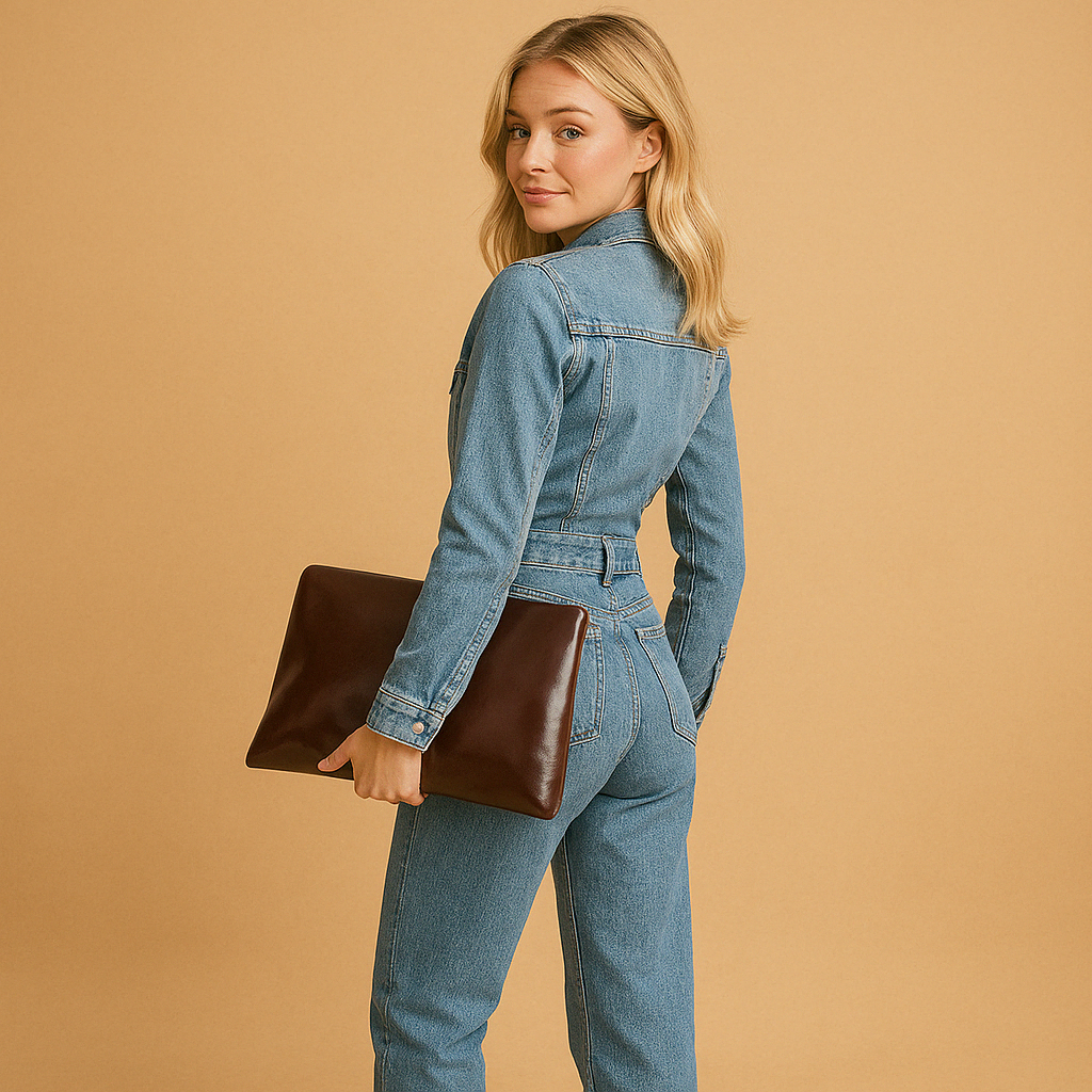 ong-sleeve denim jumpsuit for women in classic blue with relaxed straight-leg fit and tailored design