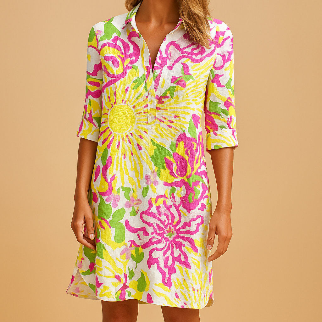 Boho short summer dress for women with v-neckline, lightweight flowy fabric, and relaxed fit—perfect for casual summer days, beach walks, and brunch outings.