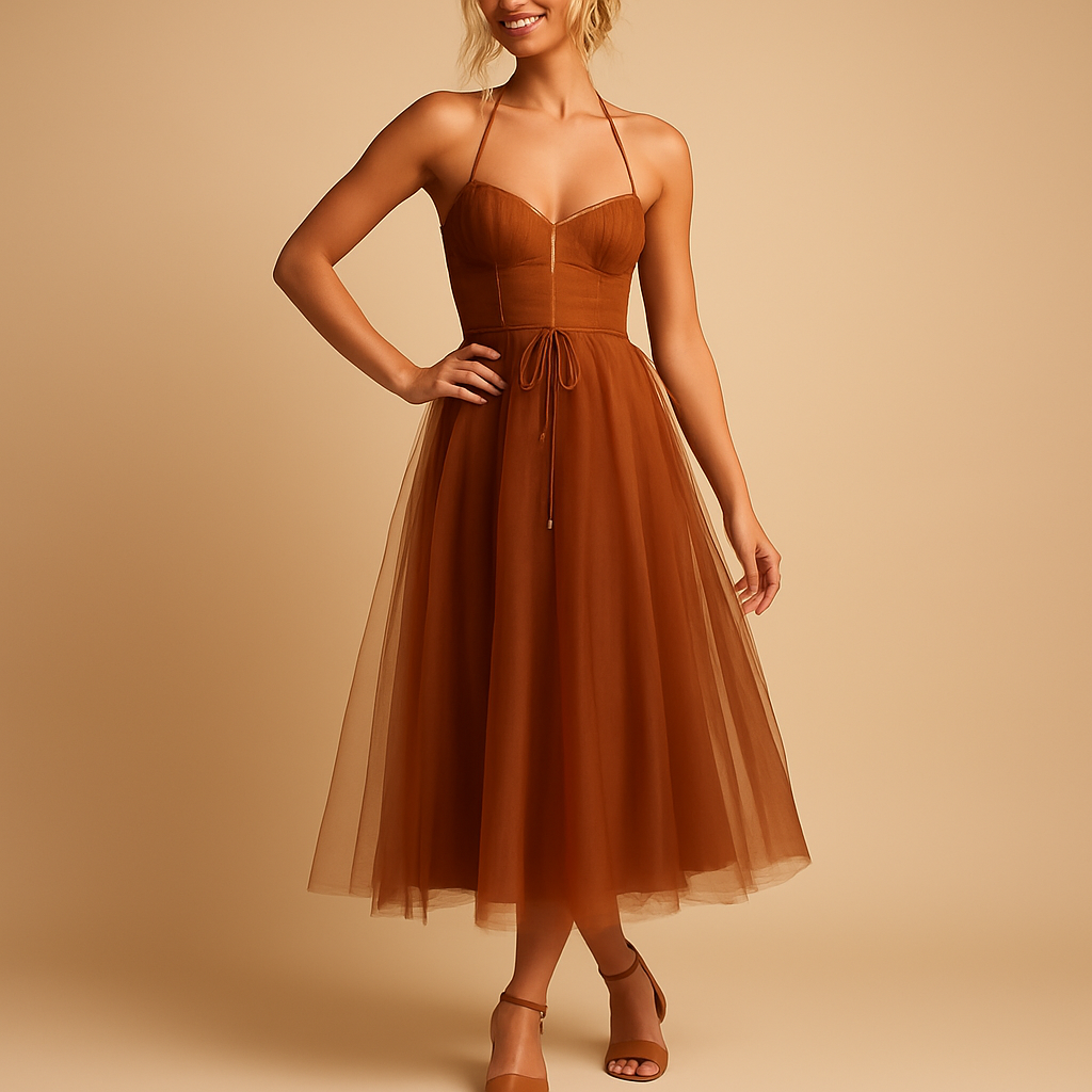 Elegant flowy chiffon maxi dress for women with tulle overlay, sleeveless cut, and round neckline, perfect for weddings, evening parties, and formal events.
