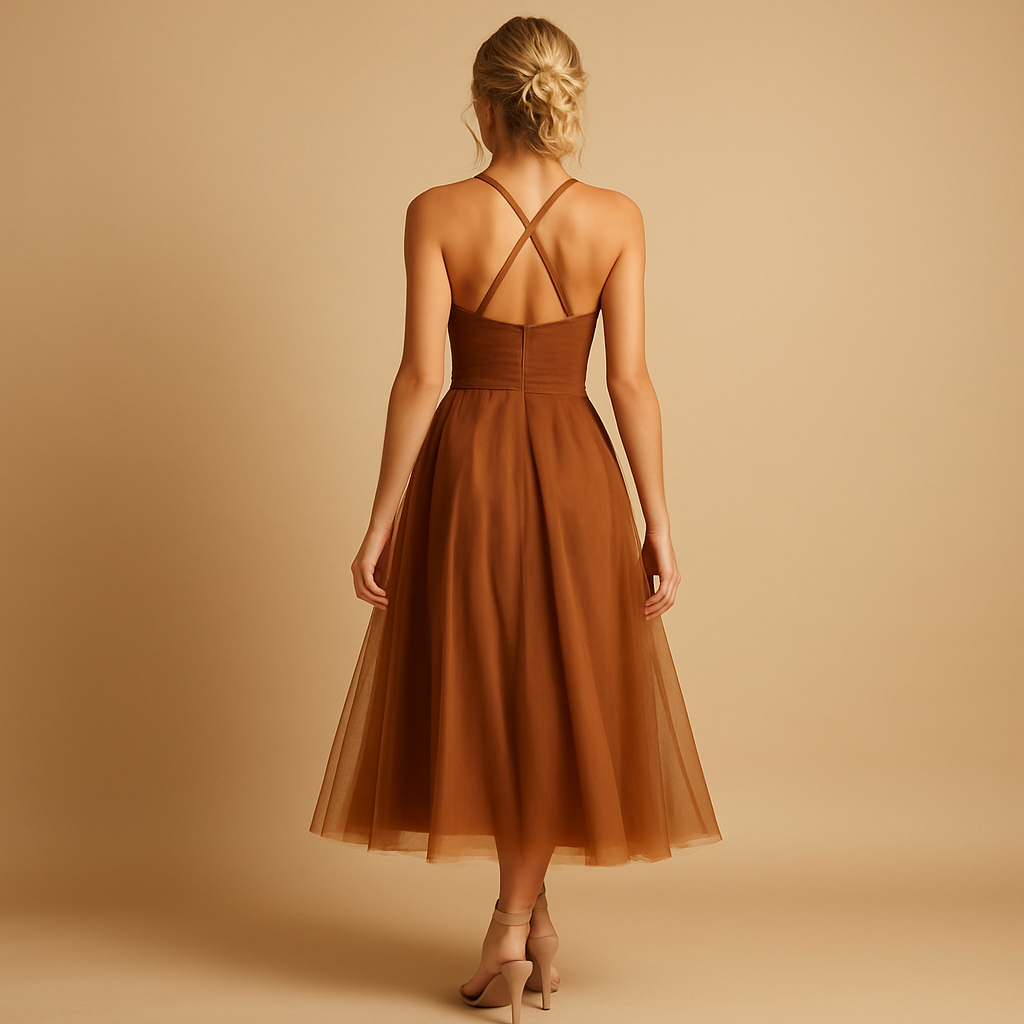 Elegant flowy chiffon maxi dress for women with tulle overlay, sleeveless cut, and round neckline, perfect for weddings, evening parties, and formal events.