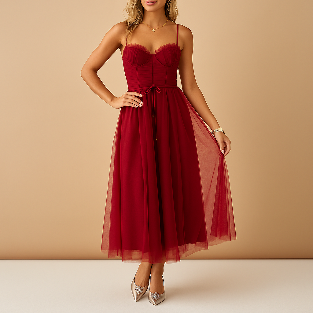 Elegant flowy chiffon maxi dress for women with tulle overlay, sleeveless cut, and round neckline, perfect for weddings, evening parties, and formal events.