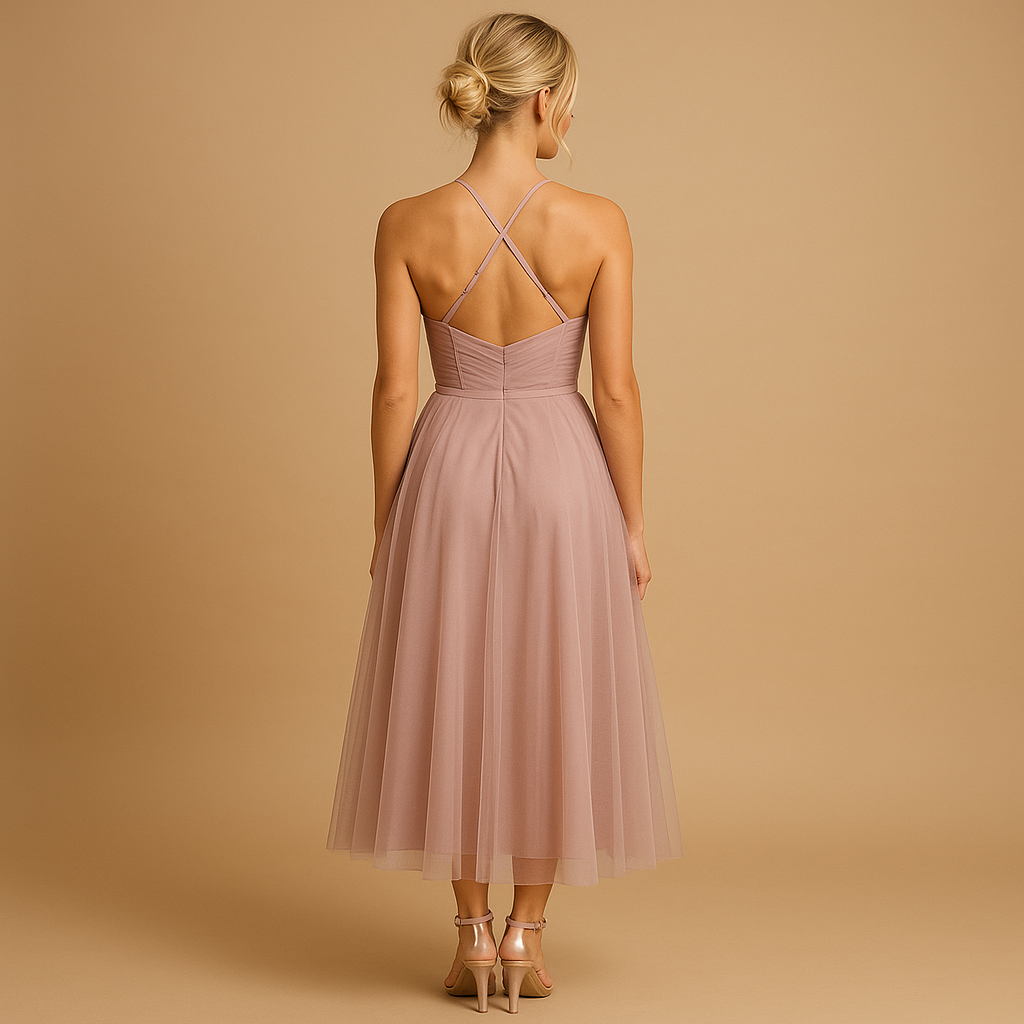 Elegant flowy chiffon maxi dress for women with tulle overlay, sleeveless cut, and round neckline, perfect for weddings, evening parties, and formal events.