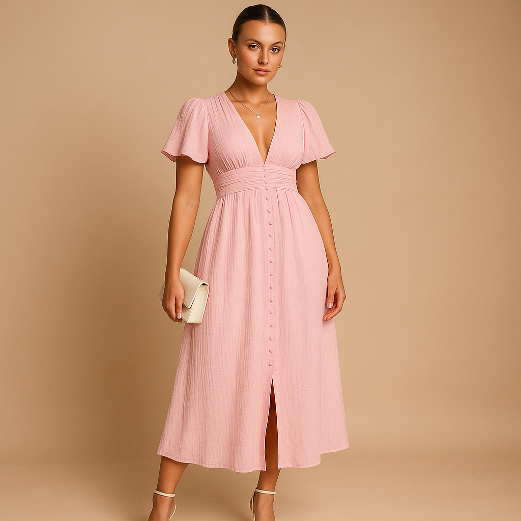 Alina flowy button-front maxi dress with long sleeves for women, featuring lightweight breathable fabric and graceful all-season silhouette