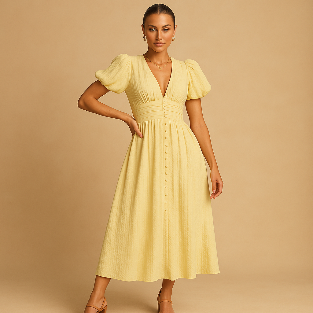 Alina flowy button-front maxi dress with long sleeves for women, featuring lightweight breathable fabric and graceful all-season silhouette