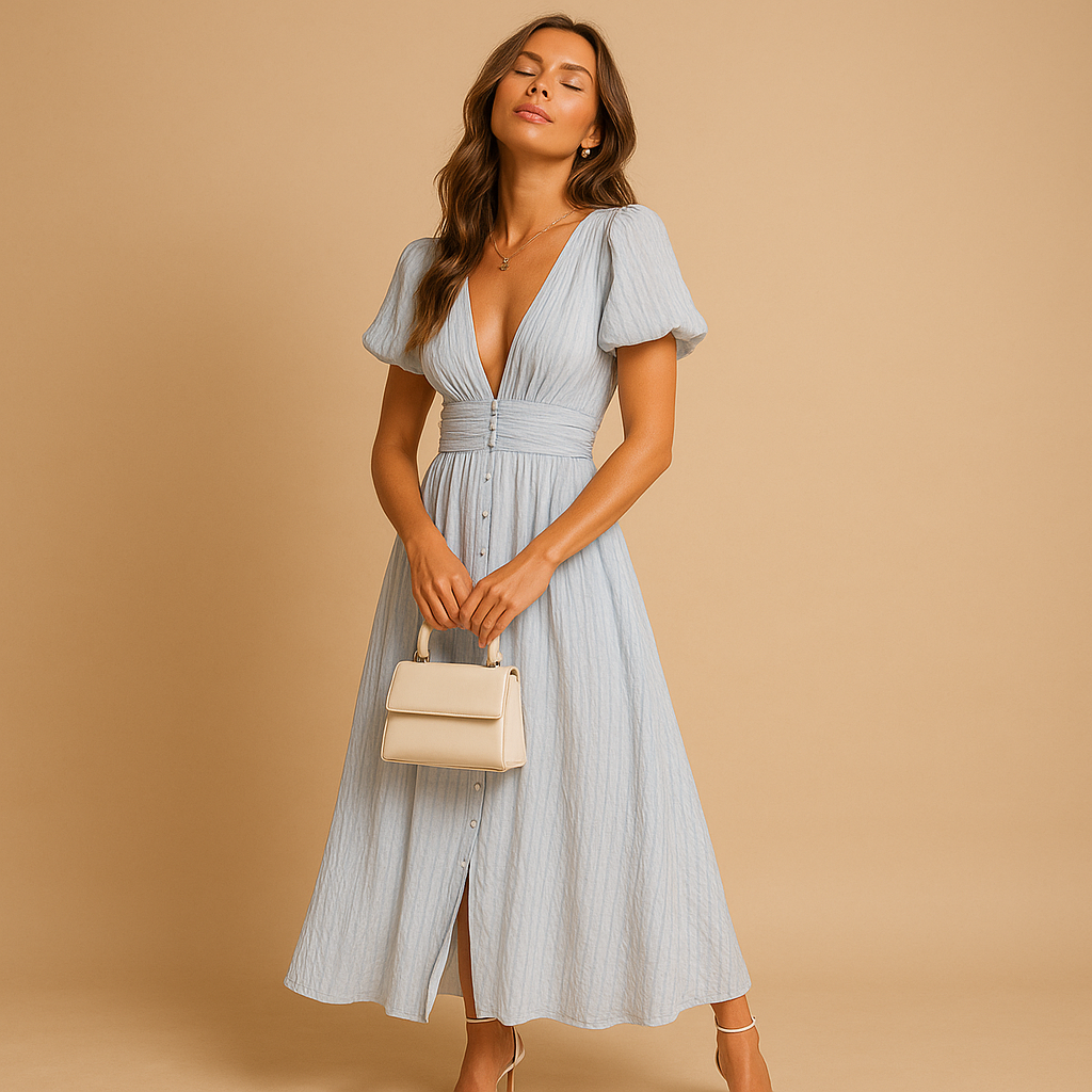 Alina flowy button-front maxi dress with long sleeves for women, featuring lightweight breathable fabric and graceful all-season silhouette