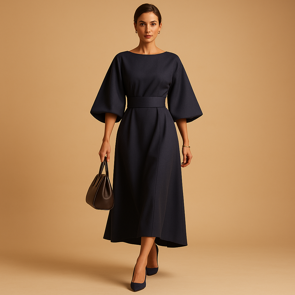 Structured A-line midi dress for women with belted waist and bell sleeves—ideal for formal events, office wear, and elegant evening occasions.