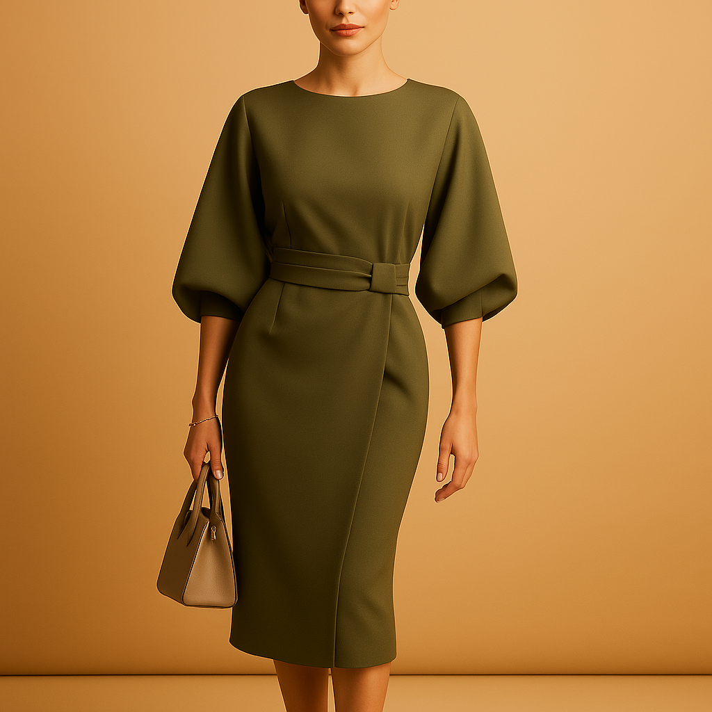 Structured A-line midi dress for women with belted waist and bell sleeves—ideal for formal events, office wear, and elegant evening occasions.