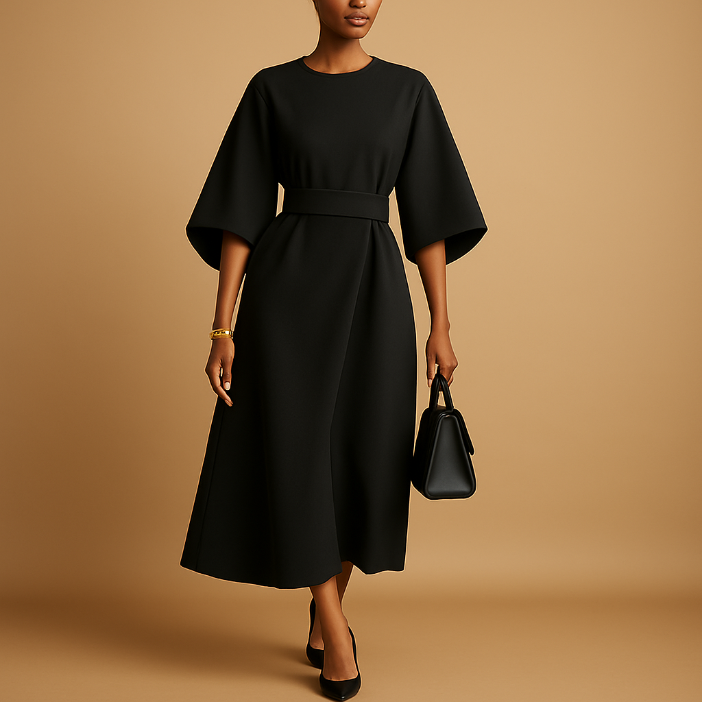 Structured A-line midi dress for women with belted waist and bell sleeves—ideal for formal events, office wear, and elegant evening occasions.