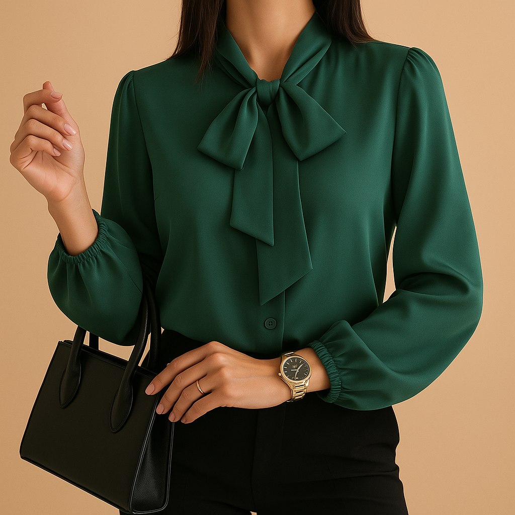 Women’s elegant blouse with classic bow detail and flowy fit, ideal for work, casual wear, and dinners