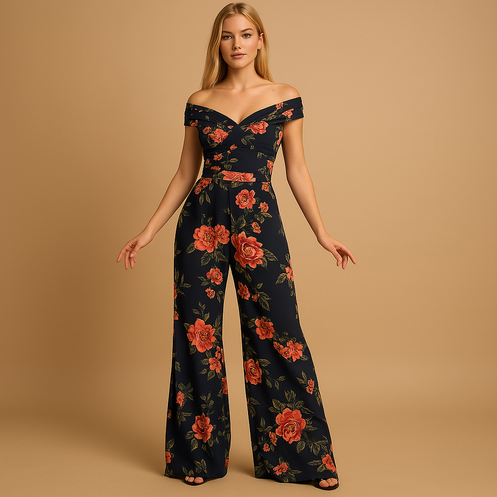 Elegant women’s off-shoulder jumpsuit with floral print in blue, navy, and red, perfect for weddings and special occasions