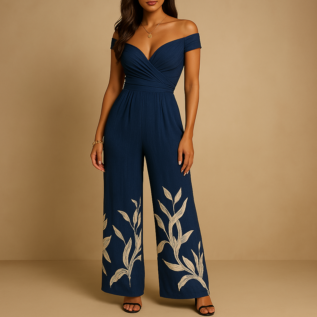 Elegant women’s off-shoulder jumpsuit with floral print in blue, navy, and red, perfect for weddings and special occasions