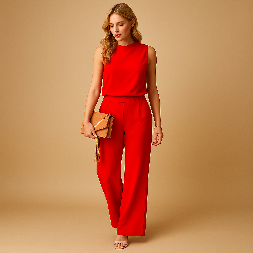 Women’s wide-leg elegant jumpsuit with round neck and mid-waist fit, ideal for formal occasions and stylish evenings