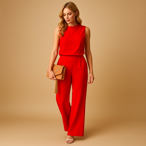 Women’s wide-leg elegant jumpsuit with round neck and mid-waist fit, ideal for formal occasions and stylish evenings