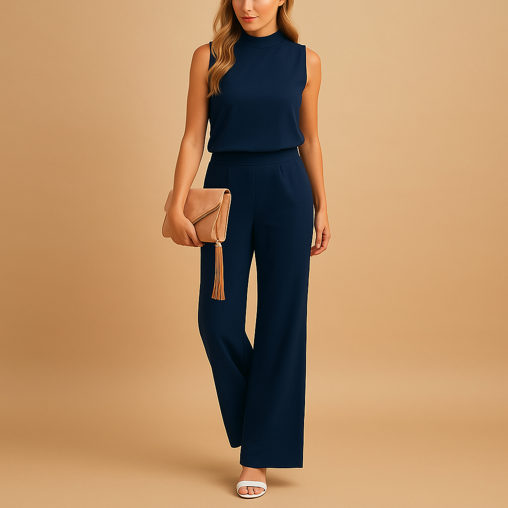 Women’s wide-leg elegant jumpsuit with round neck and mid-waist fit, ideal for formal occasions and stylish evenings