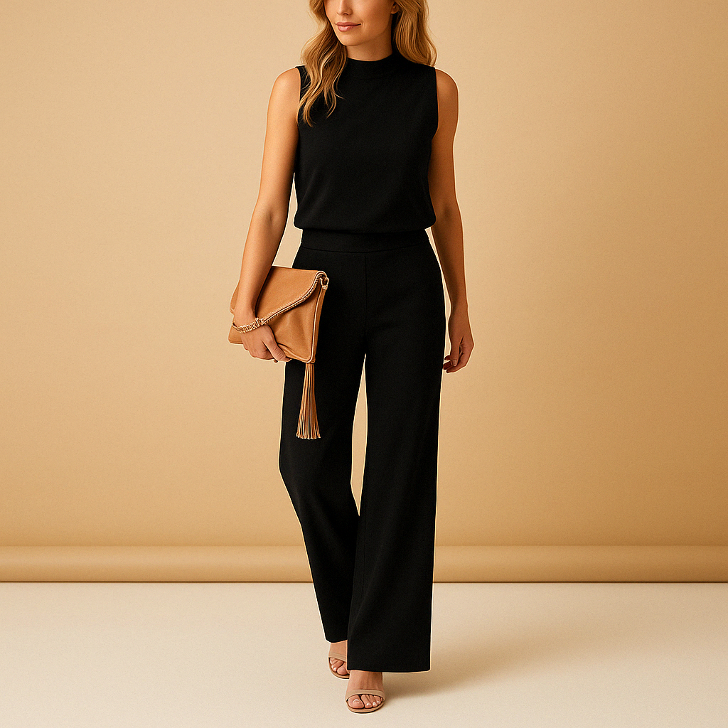 Women’s wide-leg elegant jumpsuit with round neck and mid-waist fit, ideal for formal occasions and stylish evenings
