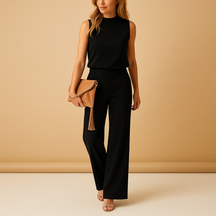 Women’s wide-leg elegant jumpsuit with round neck and mid-waist fit, ideal for formal occasions and stylish evenings