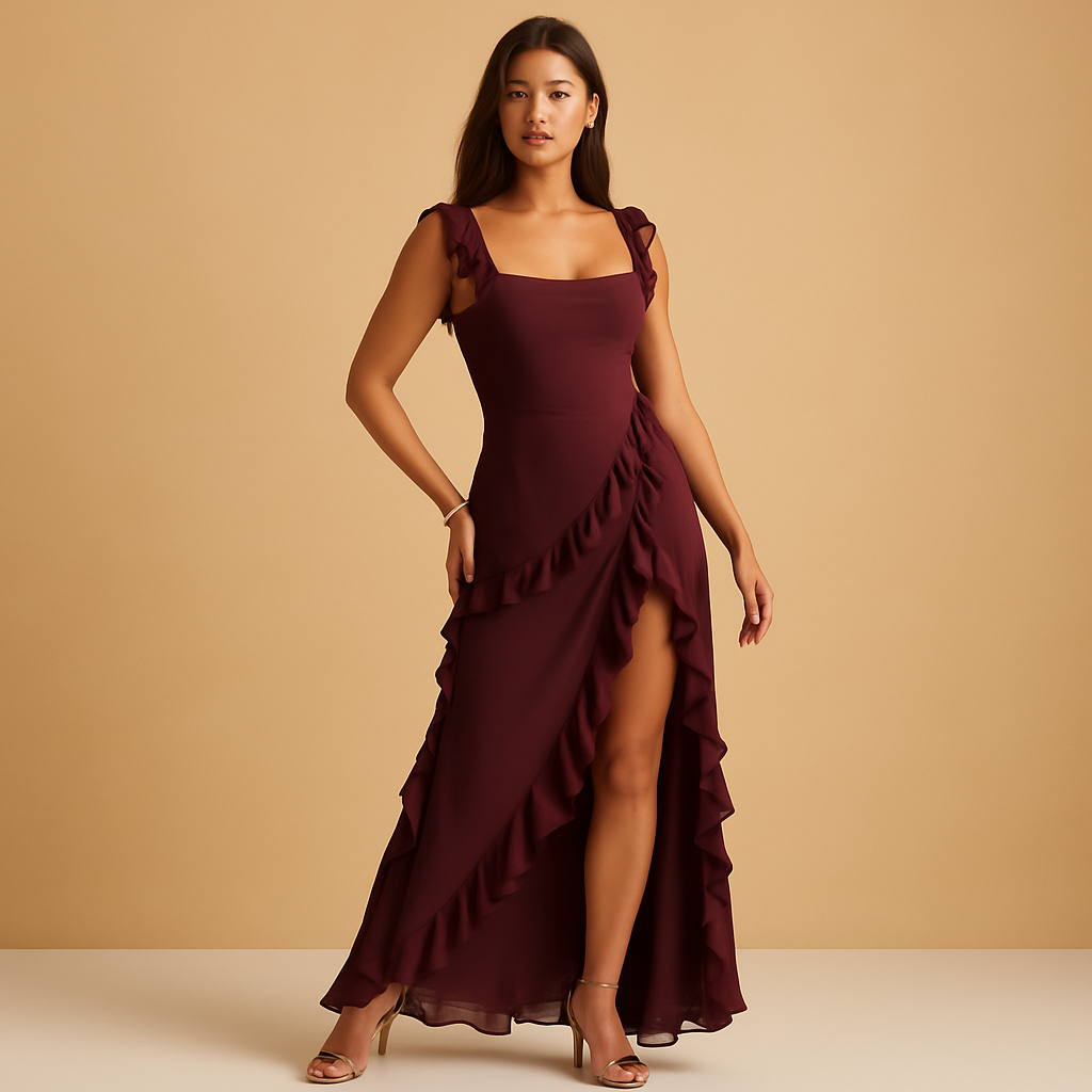 Serena elegant ruffle maxi dress with high slit for women, featuring adjustable straps, lightweight rayon blend, and asymmetrical ruffle detailing