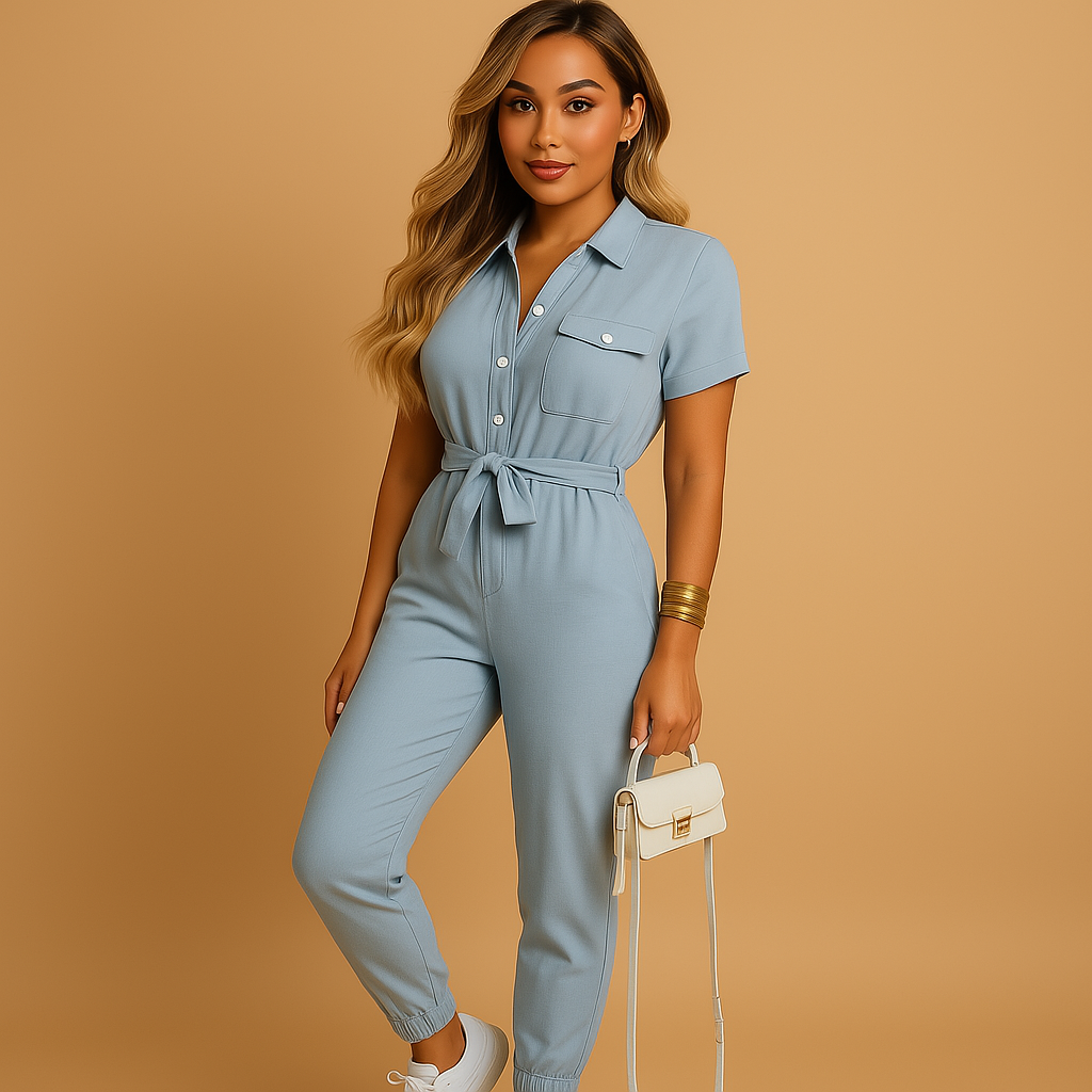 Women’s tailored jumpsuit with button-up front and flattering fit, ideal for office wear, brunch dates and smart casual occasions