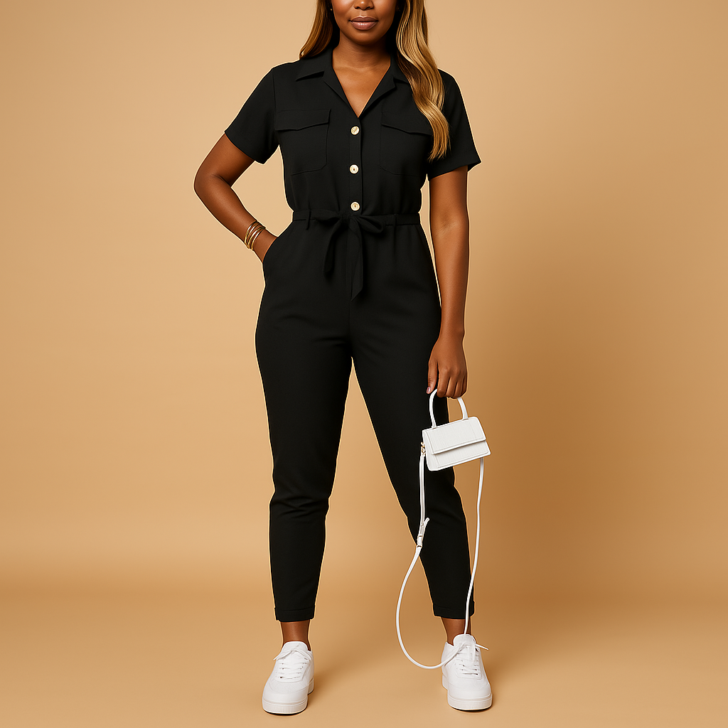 Women’s tailored jumpsuit with button-up front and flattering fit, ideal for office wear, brunch dates and smart casual occasions