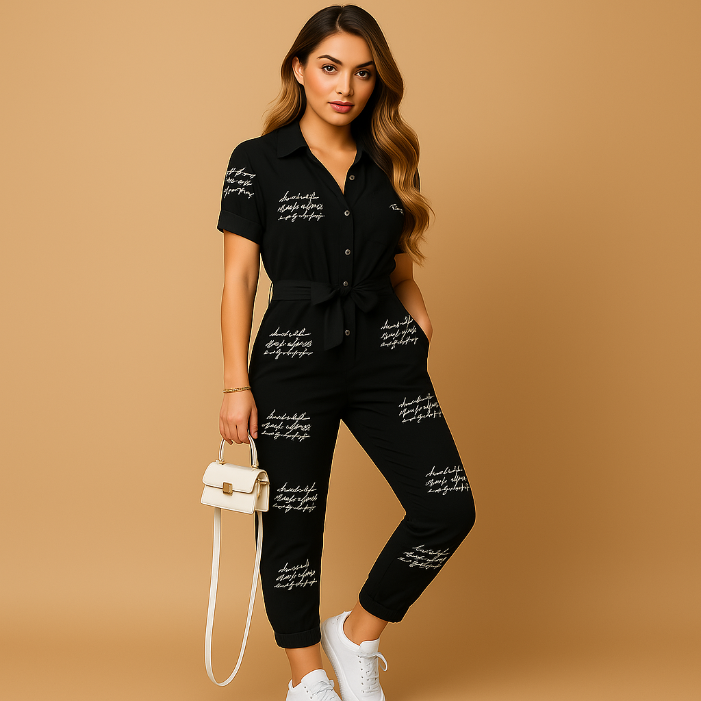 Women’s tailored jumpsuit with button-up front and flattering fit, ideal for office wear, brunch dates and smart casual occasions