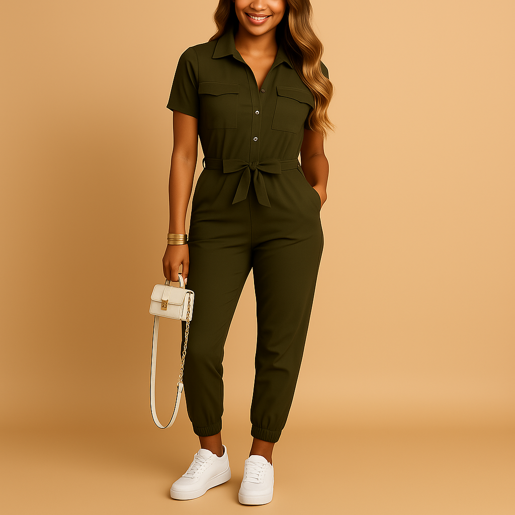 Women’s tailored jumpsuit with button-up front and flattering fit, ideal for office wear, brunch dates and smart casual occasions