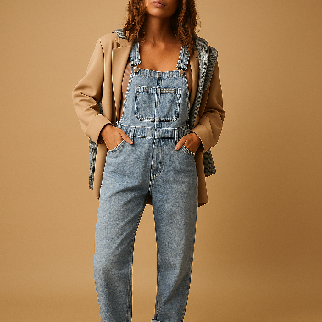 Women’s denim jumpsuit with flattering fit and casual design, ideal for everyday wear, relaxed workdays, or outdoor activities