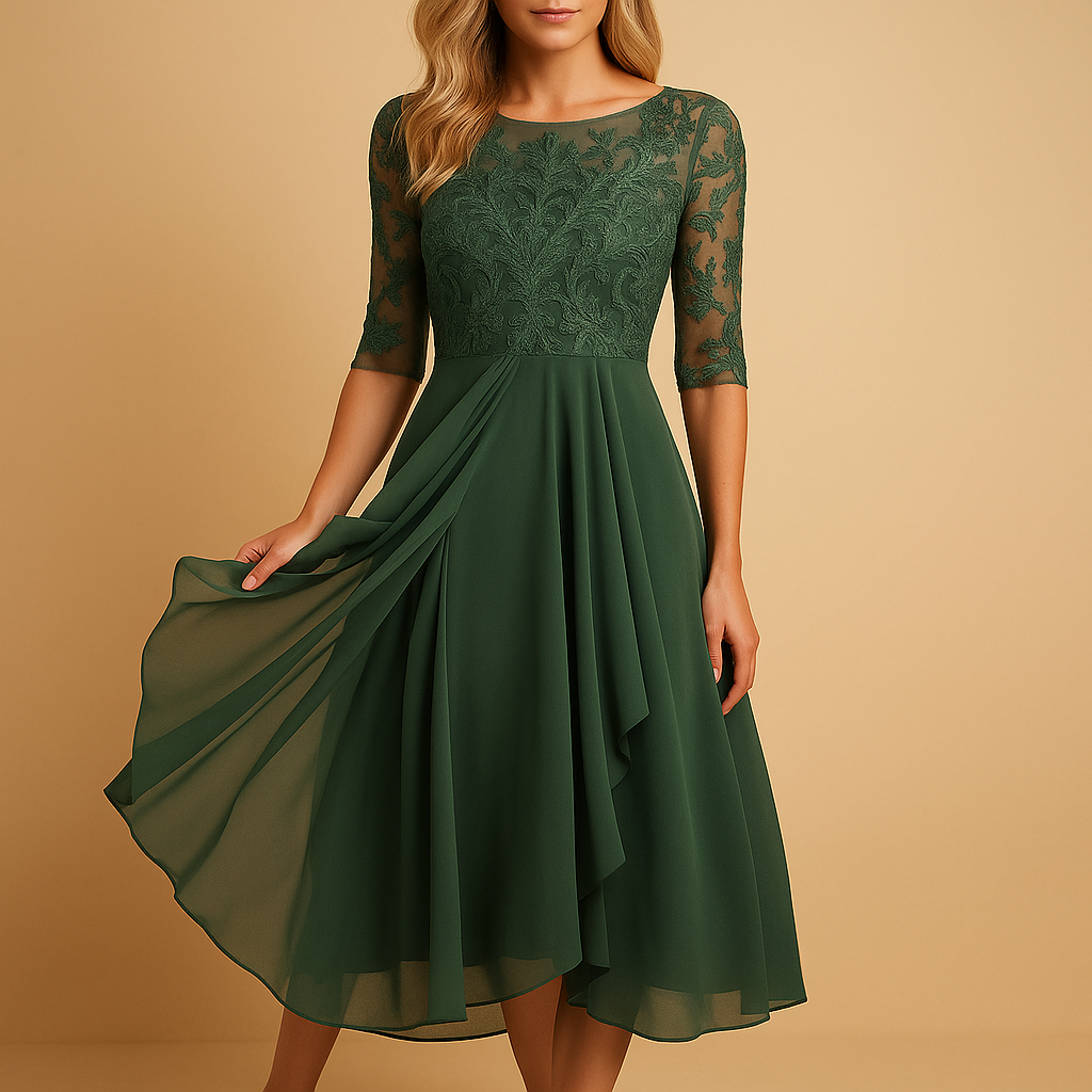 Lace bodice midi dress for women with elbow sleeves and asymmetrical layered skirt—ideal for cocktail parties, weddings, and elegant summer events.