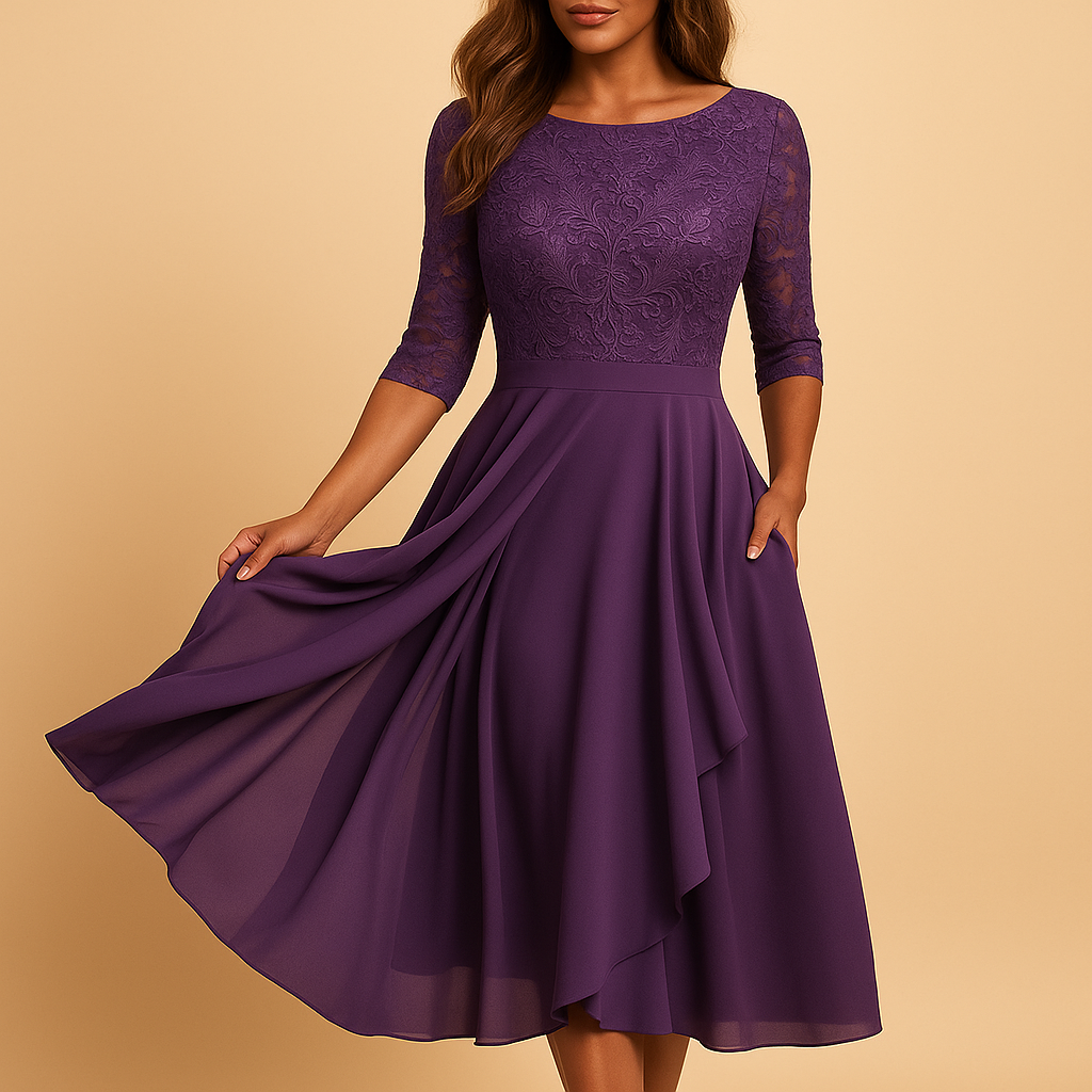 Lace bodice midi dress for women with elbow sleeves and asymmetrical layered skirt—ideal for cocktail parties, weddings, and elegant summer events.