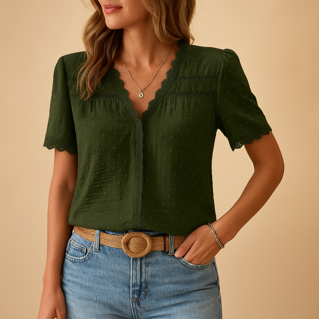 Women’s lace v-neck blouse with intricate detailing in beige, green, black, and more—perfect for elegant workwear or evenings out.