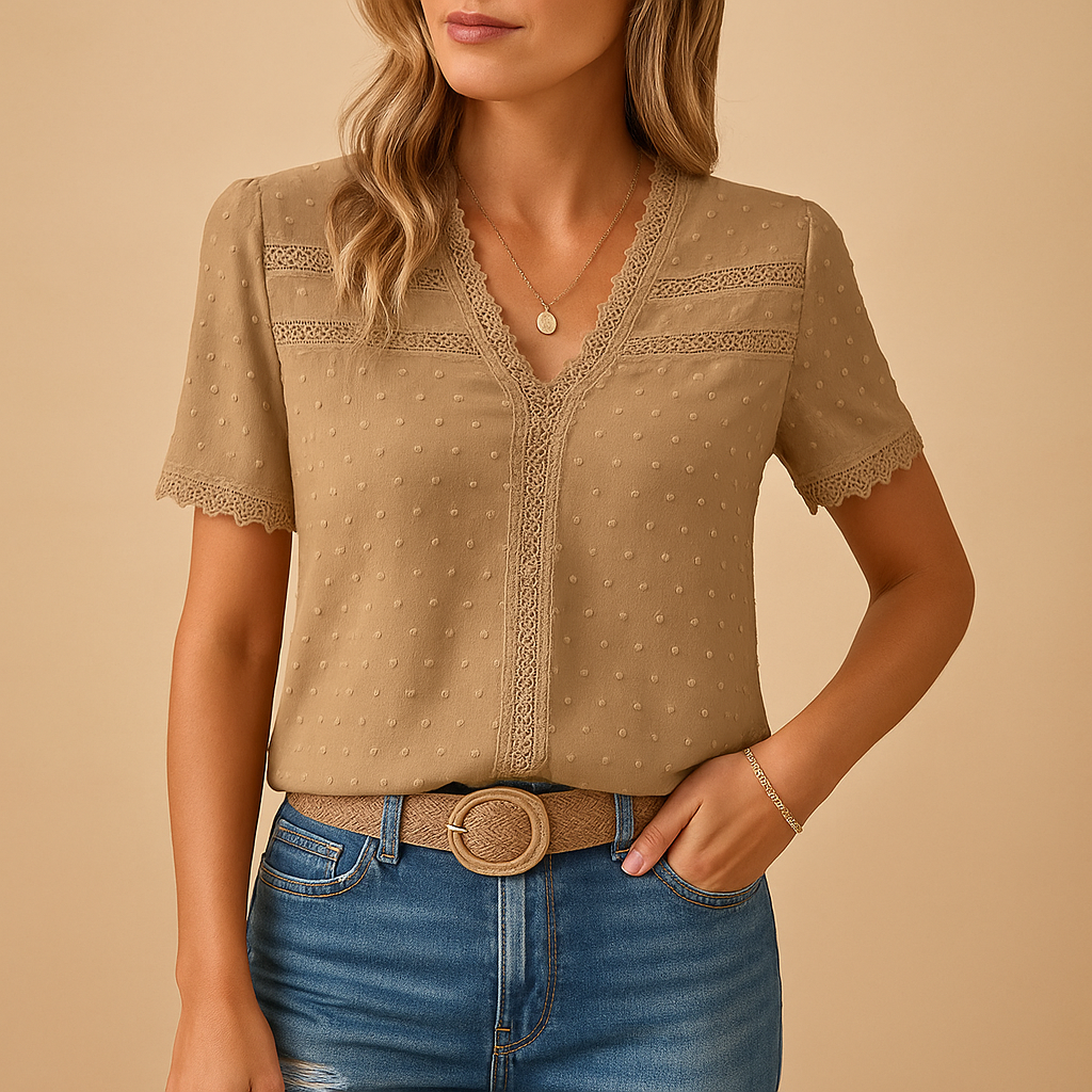 Women’s lace v-neck blouse with intricate detailing in beige, green, black, and more—perfect for elegant workwear or evenings out.