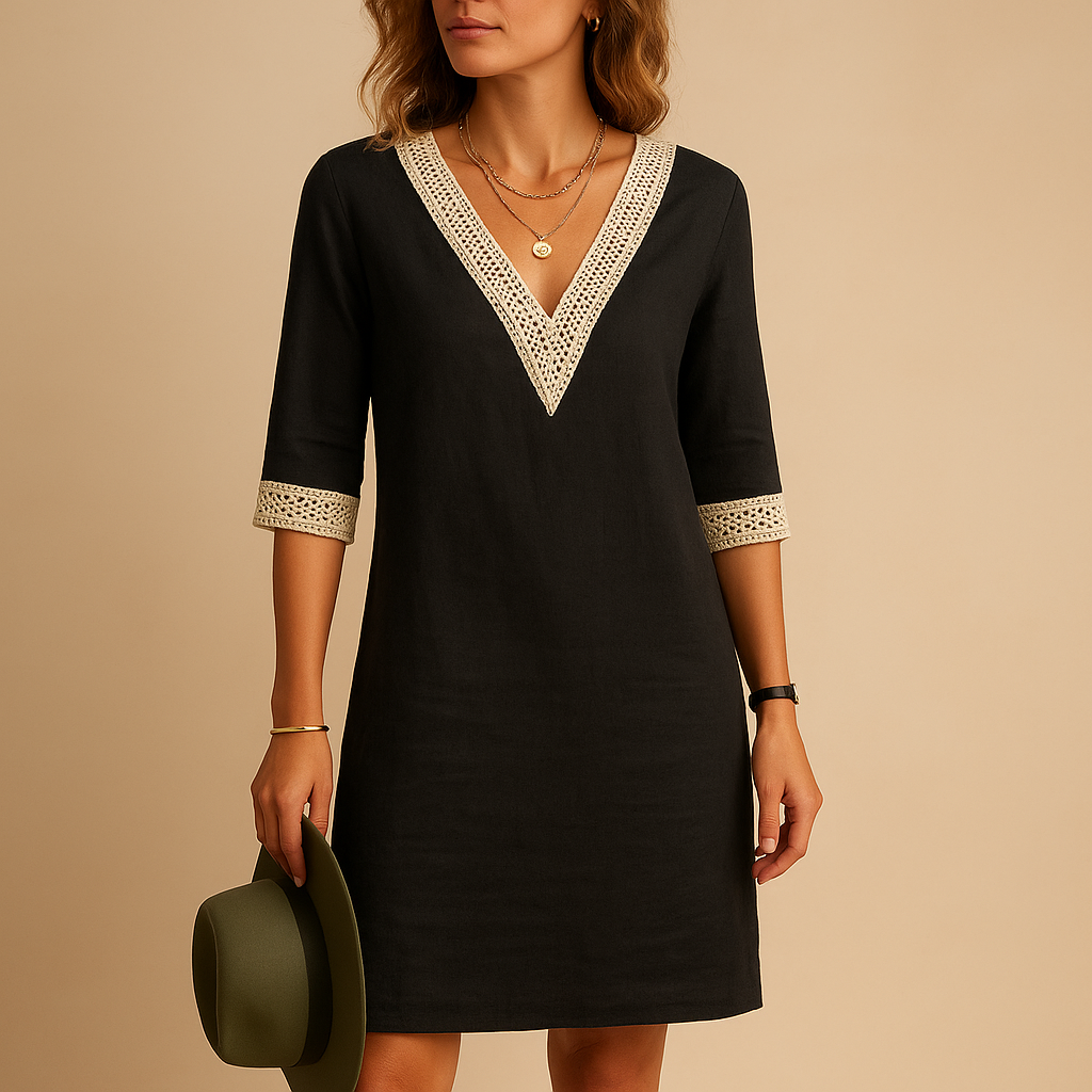 Women's linen blend relaxed fit casual dress with lace trim and three-quarter sleeves, perfect for summer outings and beachwear.