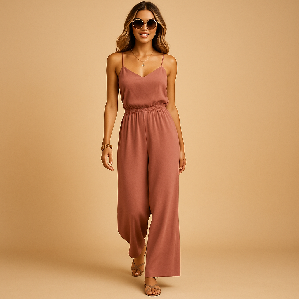 Women’s modern pink jumpsuit with elegant silhouette and stylish details, ideal for day or evening occasions
