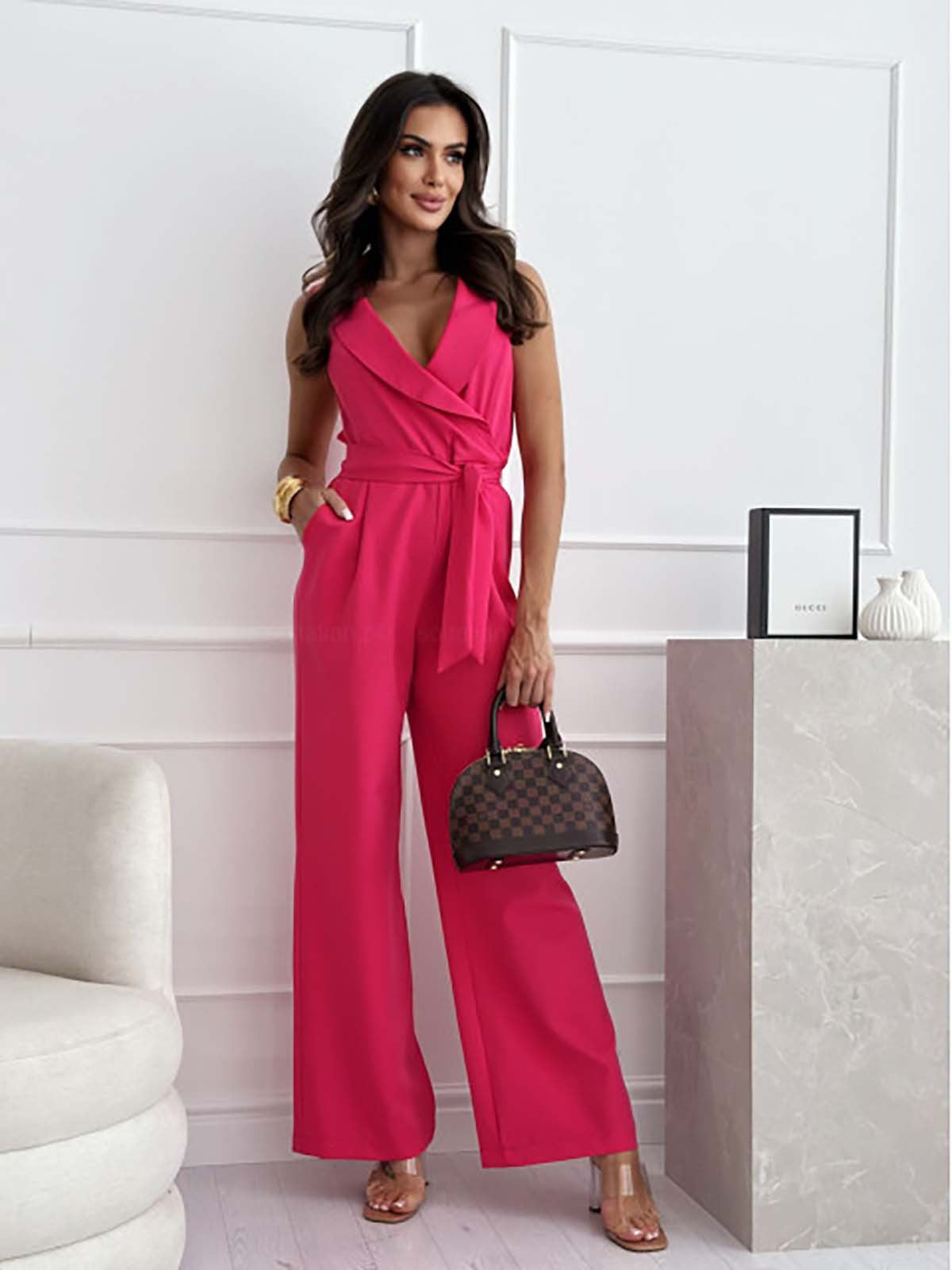 Wrap-Style Wide-Leg Formal Jumpsuit