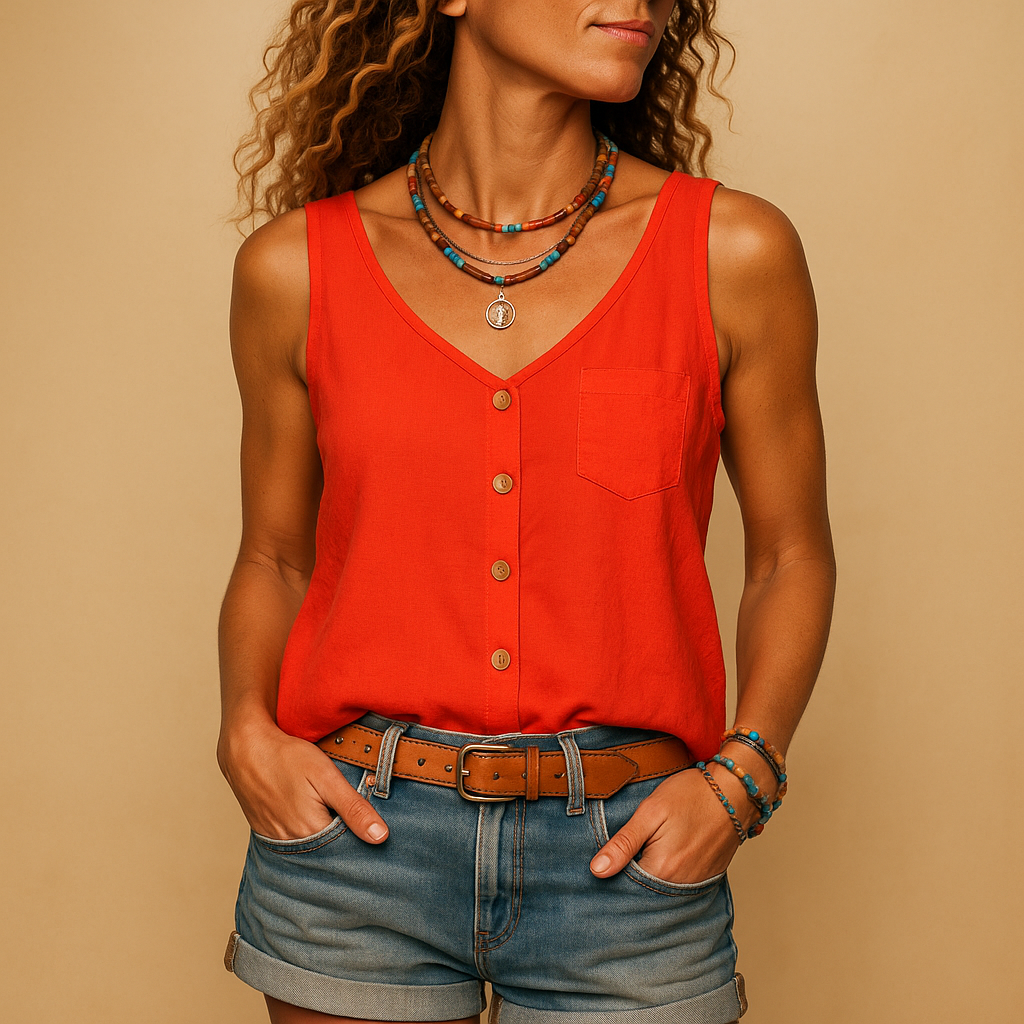Sleeveless V-neck summer top with pockets for women | Yara