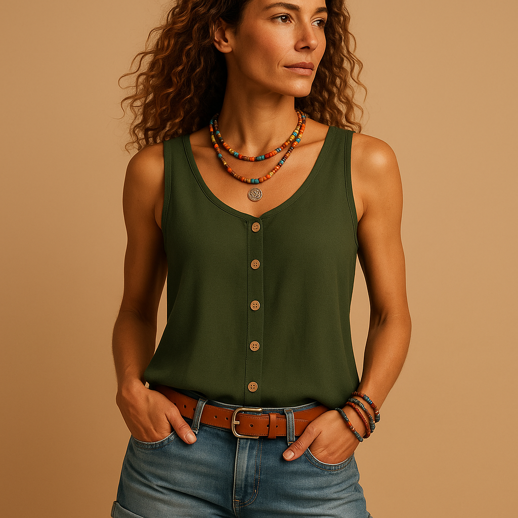 Sleeveless V-neck summer top for women with side pockets and relaxed fit—perfect for casual summer days, vacations, and easy styling.
