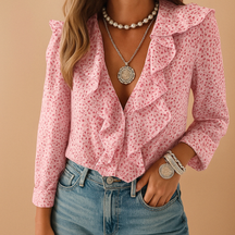 Butterfly print blouse for women with ruffled sleeves and tailored fit—ideal for spring and summer workwear or feminine casual outfits.