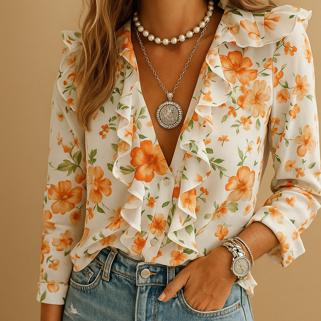Butterfly print blouse for women with ruffled sleeves and tailored fit—ideal for spring and summer workwear or feminine casual outfits.