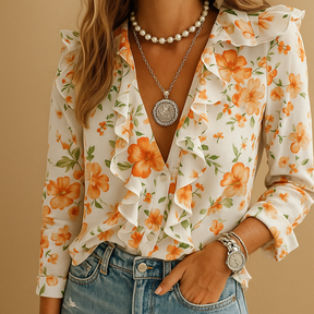 Butterfly print blouse for women with ruffled sleeves and tailored fit—ideal for spring and summer workwear or feminine casual outfits.