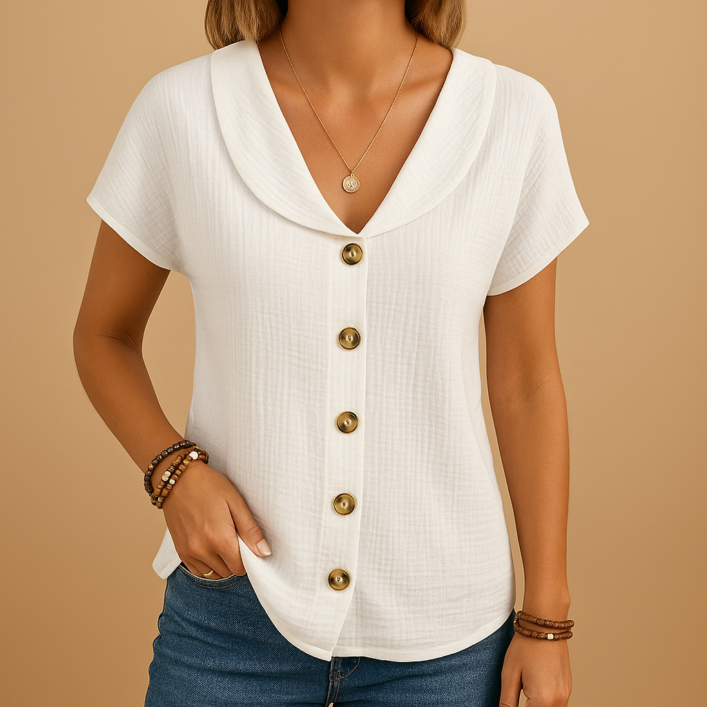 Women’s cotton-linen blouse with classic collar and button closure, perfect for casual and semi-formal occasions.