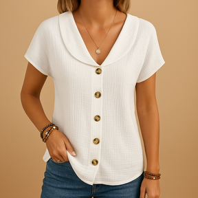 Women’s cotton-linen blouse with classic collar and button closure, perfect for casual and semi-formal occasions.