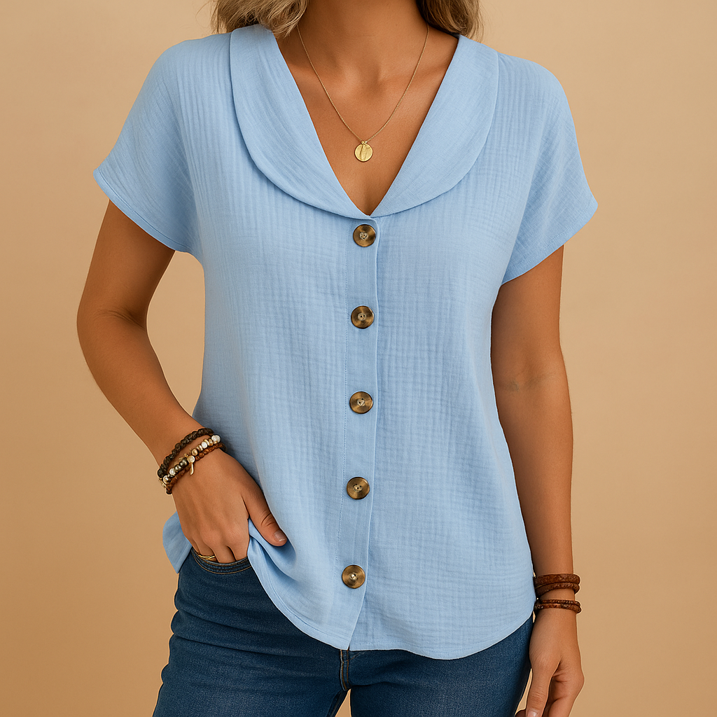 Women’s cotton-linen blouse with classic collar and button closure, perfect for casual and semi-formal occasions.
