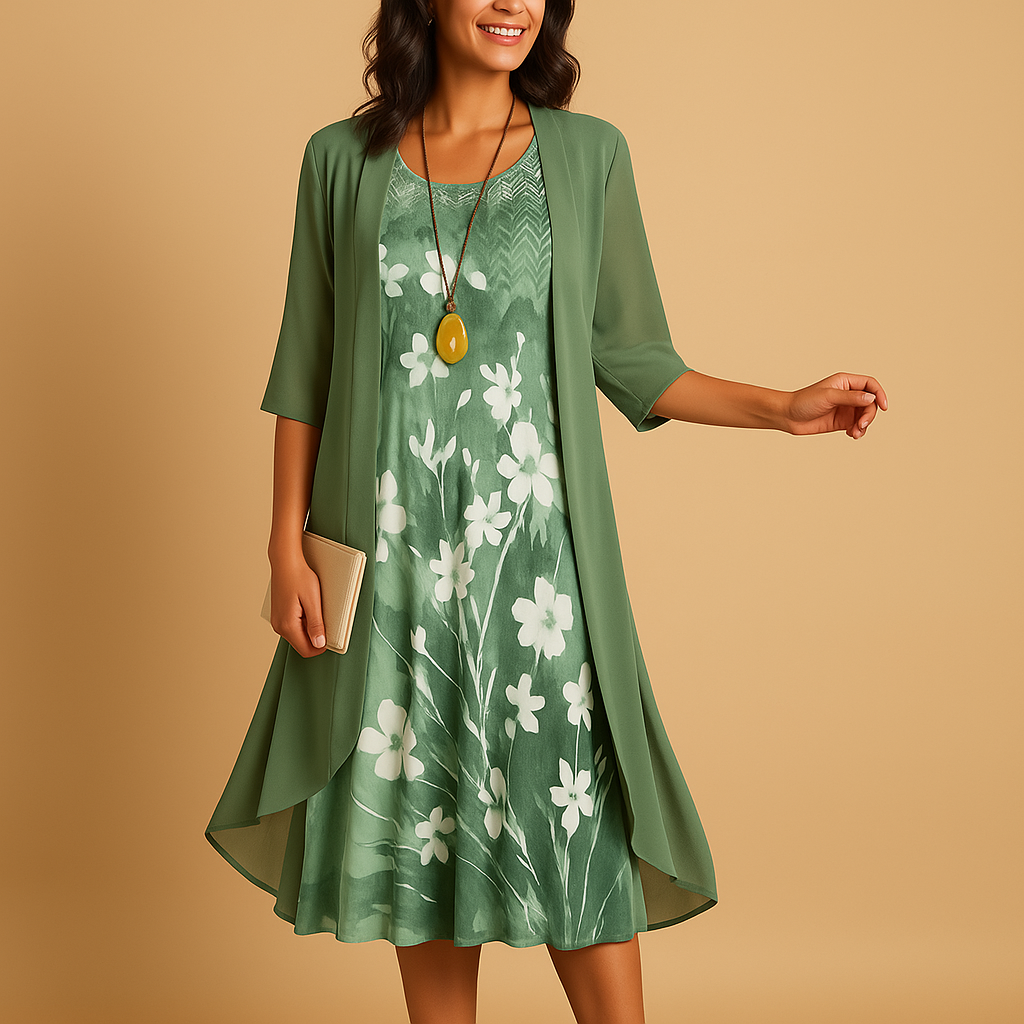 Women’s elastic summer dress in blue, green, and grey with a flattering silhouette and breathable short sleeves