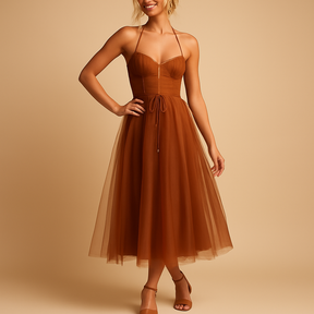 Elegant flowy chiffon maxi dress for women with tulle overlay, sleeveless cut, and round neckline, perfect for weddings, evening parties, and formal events.