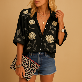 Women’s floral short sleeve blouse with lightweight fabric and loose fit, ideal for summer styling and casual elegance