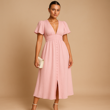 Alina flowy button-front maxi dress with long sleeves for women, featuring lightweight breathable fabric and graceful all-season silhouette